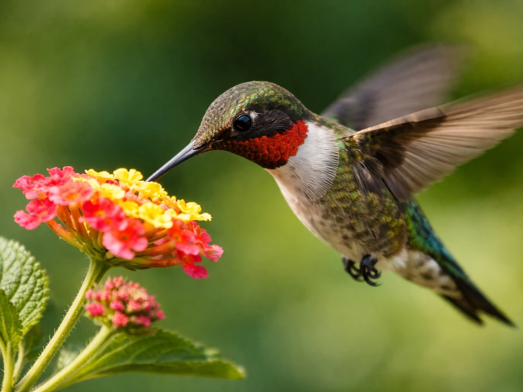 Close-up hummingbird hovering near a flower with blurred wings, vivid colors and natural light.