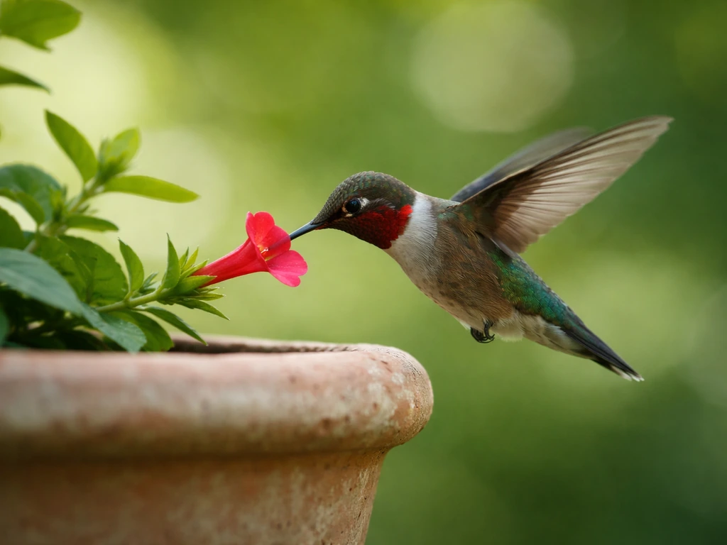 A hummingbird hovers and feeds from a red flower, wings blurred to show fast energy.