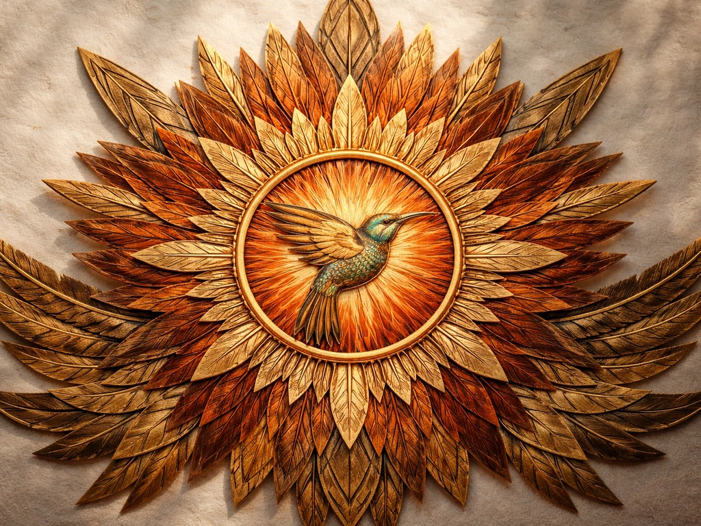 Aztec-inspired sun motif with a stylized hummingbird and carved-feather texture on a minimal neutral background