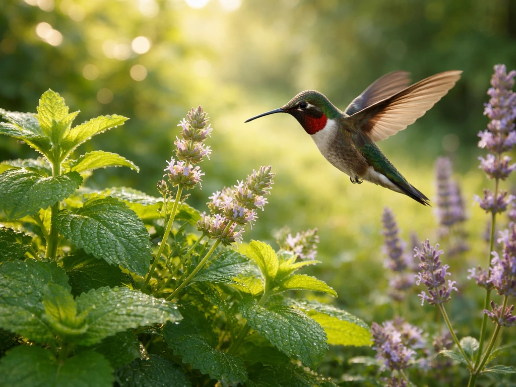 A hummingbird hovering near colorful herbal plants in a small garden, suggesting healing and good luck.