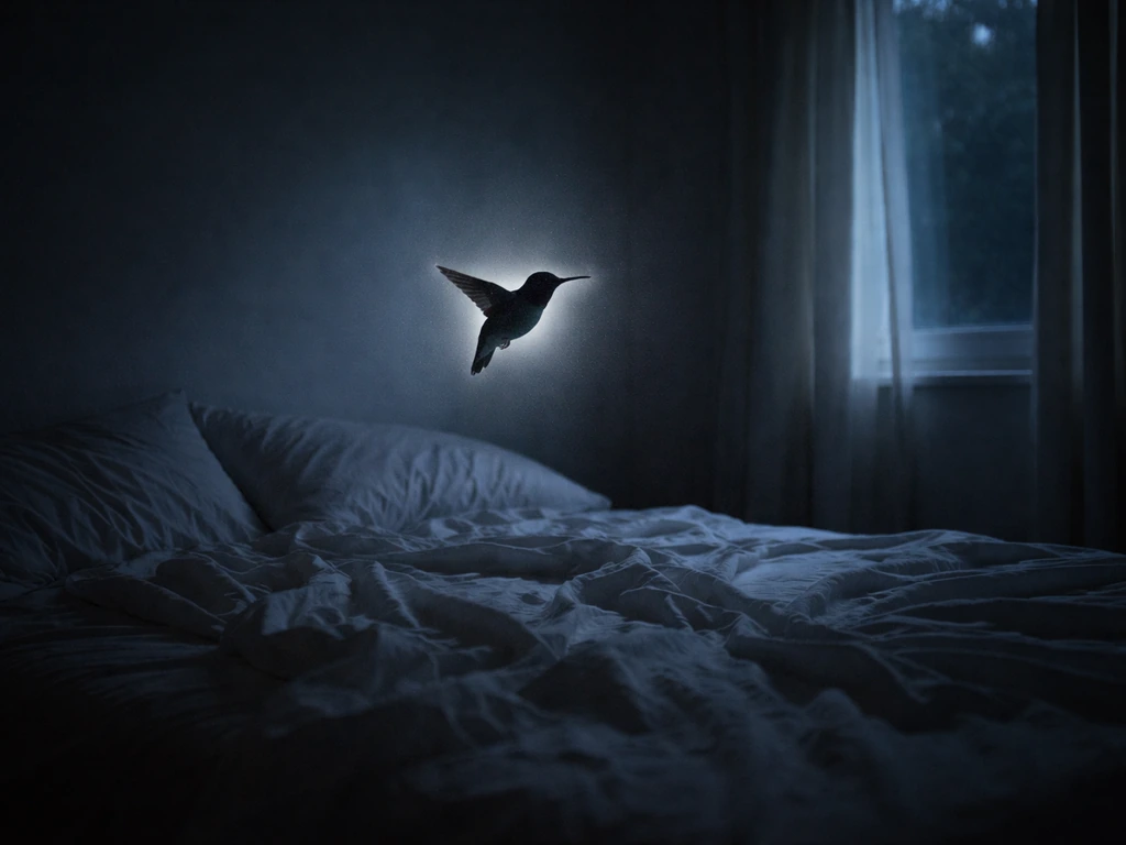 Glowing hummingbird silhouette hovering above a softly lit bedside at night, hinting at dream symbolism.