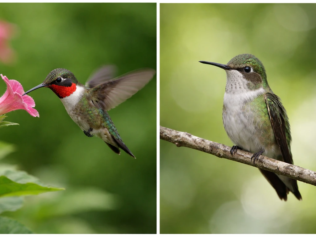 Two side-by-side views of a hummingbird: red-throated feeding and green hummingbird resting on a branch.