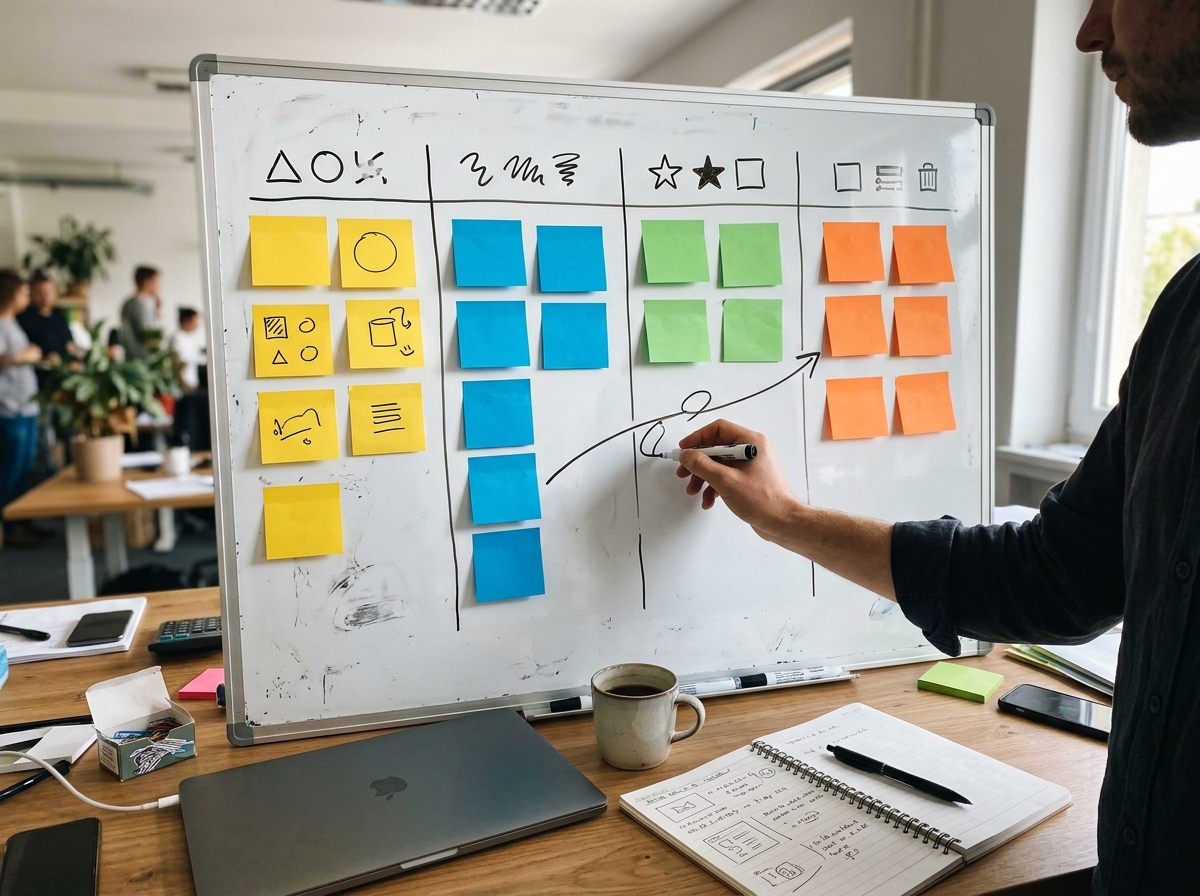 Hand draws arrows on a color-block board showing how the four types complement.