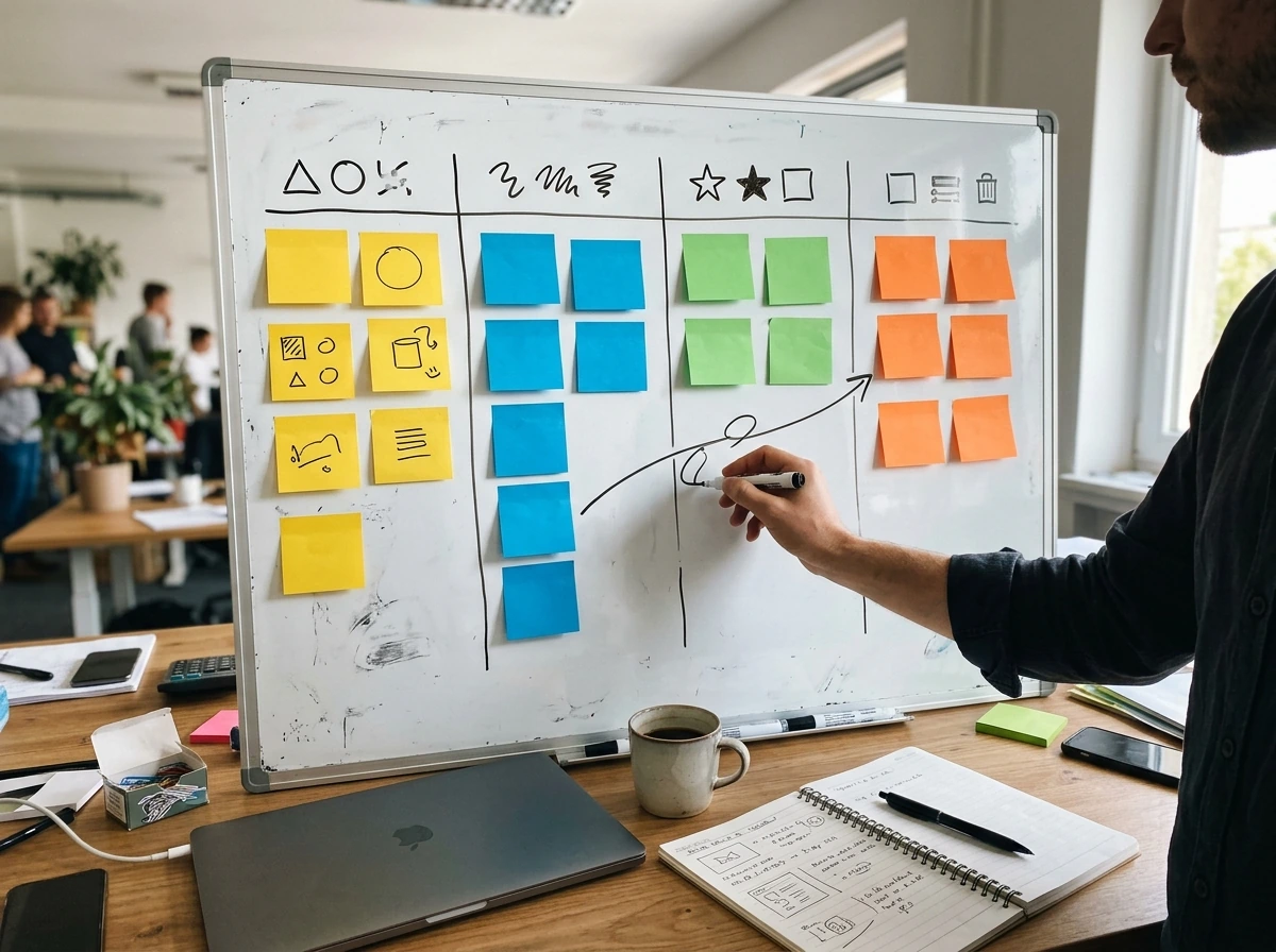 Hand draws arrows on a color-block board showing how the four types complement.