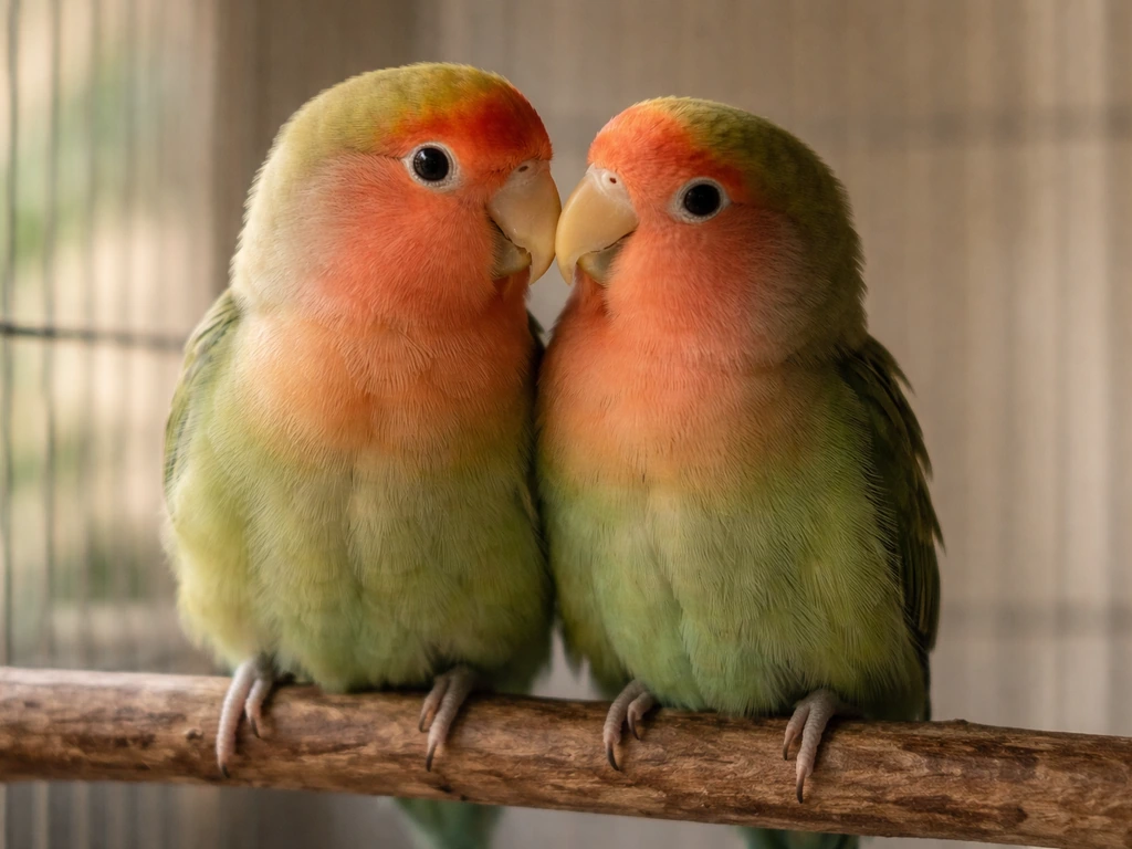 Two lovebirds perched side-by-side on a wooden branch, beaks near, relaxed and bonding.