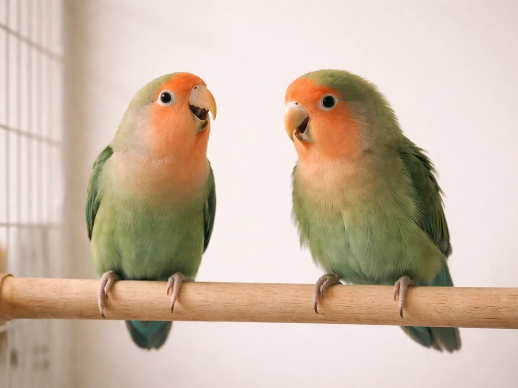 Two lovebirds perched calmly, showing different alert and content body language in natural light