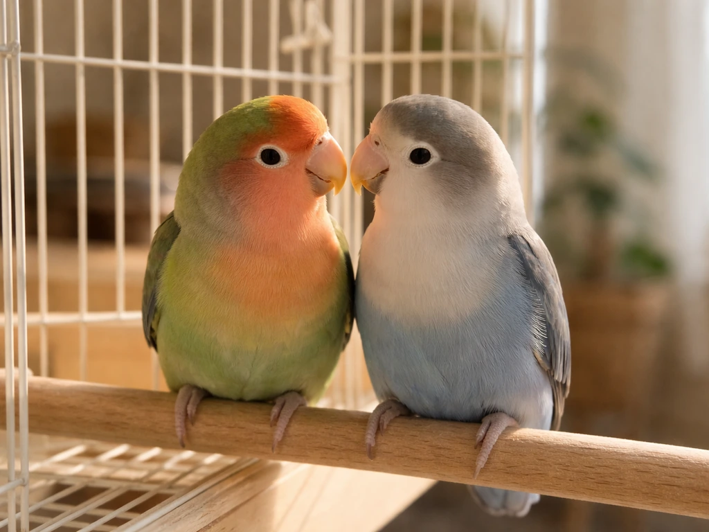 Two lovebirds chattering calmly near a cage entrance on a favorite perch in warm morning light.