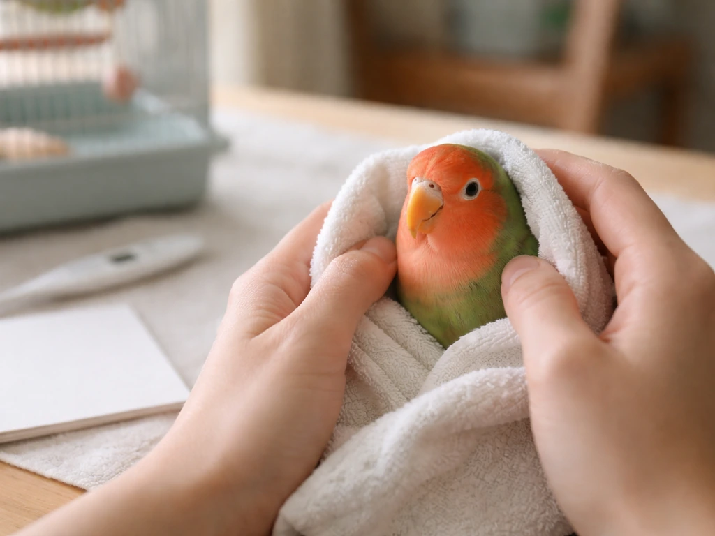 Hands gently towel-supporting a lovebird during an at-home health check beside its cage.