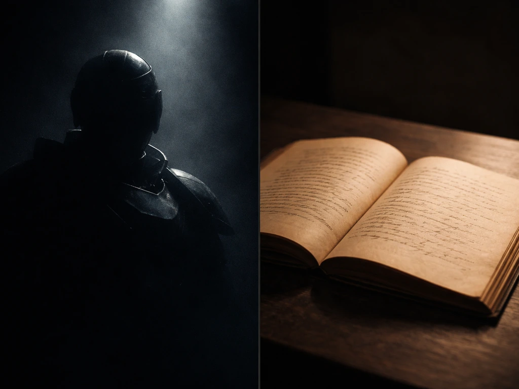 Minimal juxtaposition of a muted film-reel silhouette and an aged open book with poetic lines, no people.