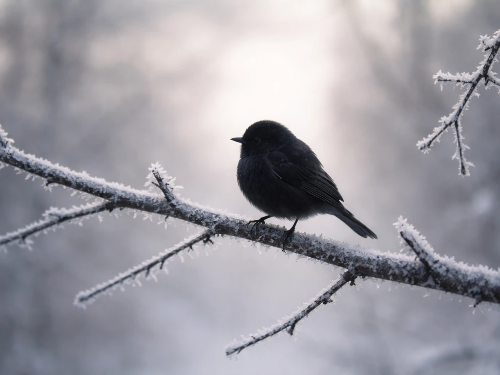 Small bird silhouette perched on a frosty branch in cold winter light.