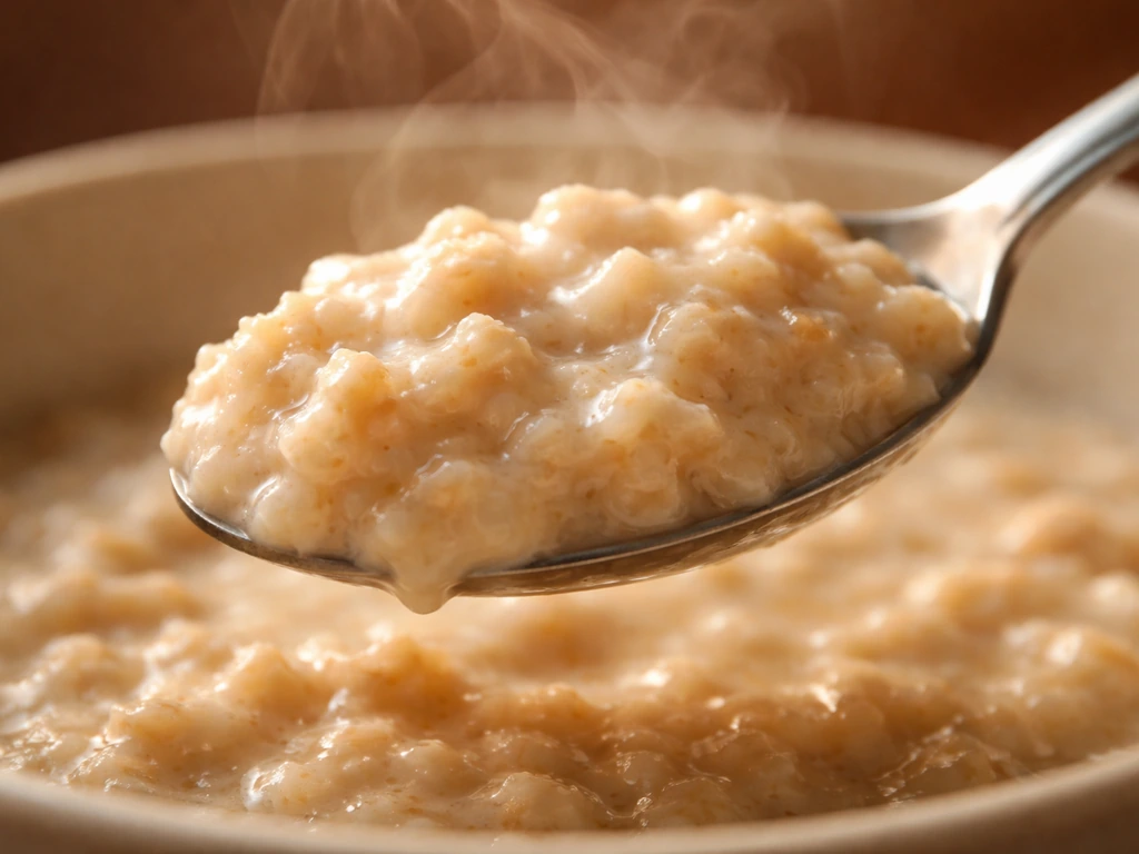 Macro close-up of warm oatmeal porridge texture in a spoon with creamy, soft, slightly lumpy surface.