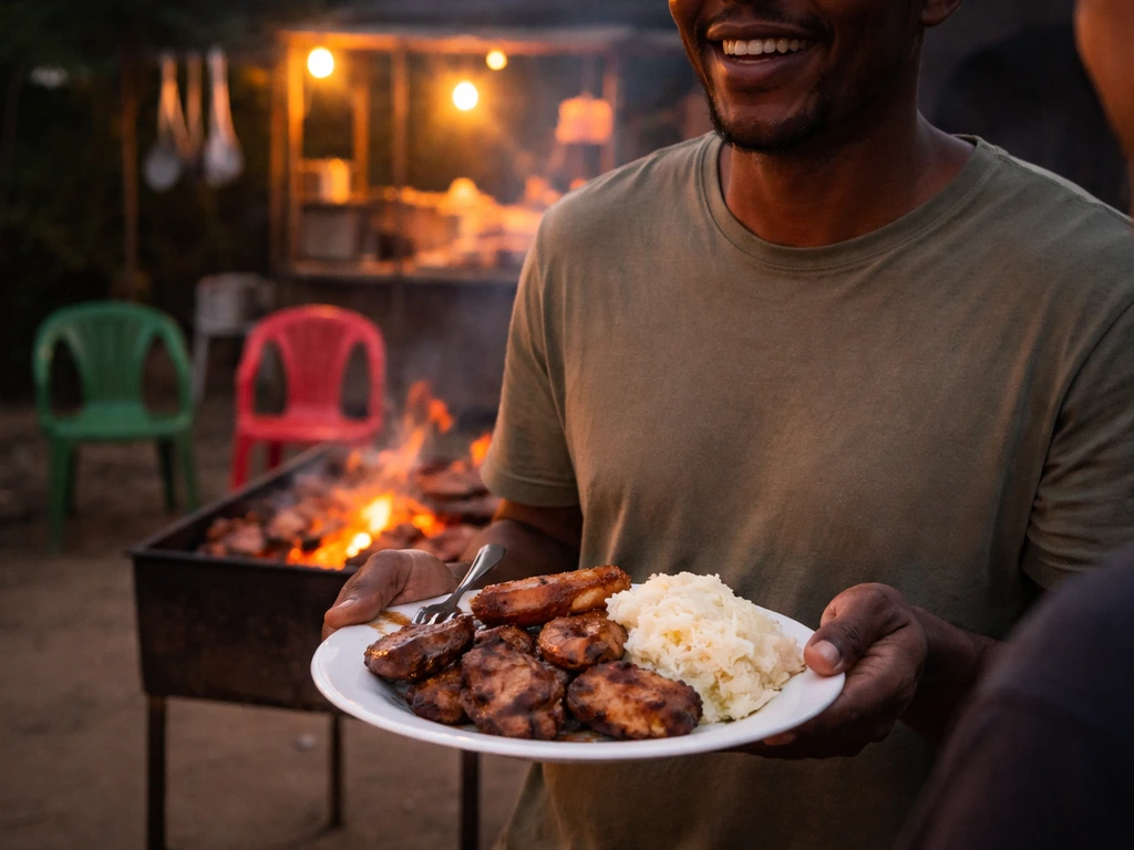 Casual South African braai scene with friends laughing near street food stalls, showing everyday slang context.