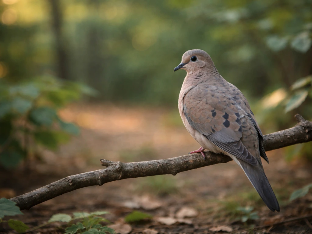 A mourning dove perched outdoors at the woodland/yard edge, calm and sharply detailed in natural light.