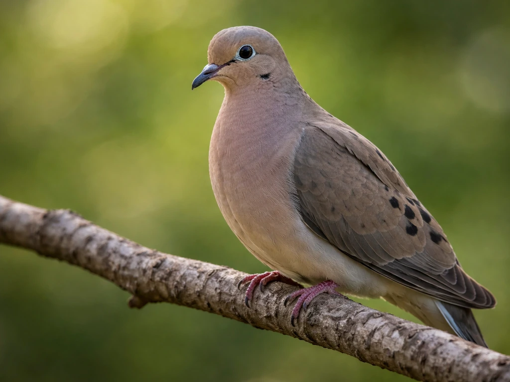 Close-up of a mourning dove perched in soft natural light with blurred background