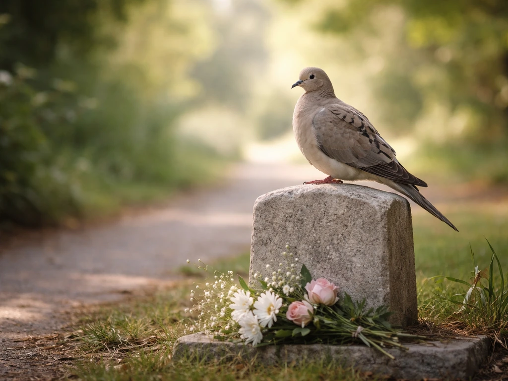 Mourning dove perched beside a small memorial stone marker with a few flowers outdoors.