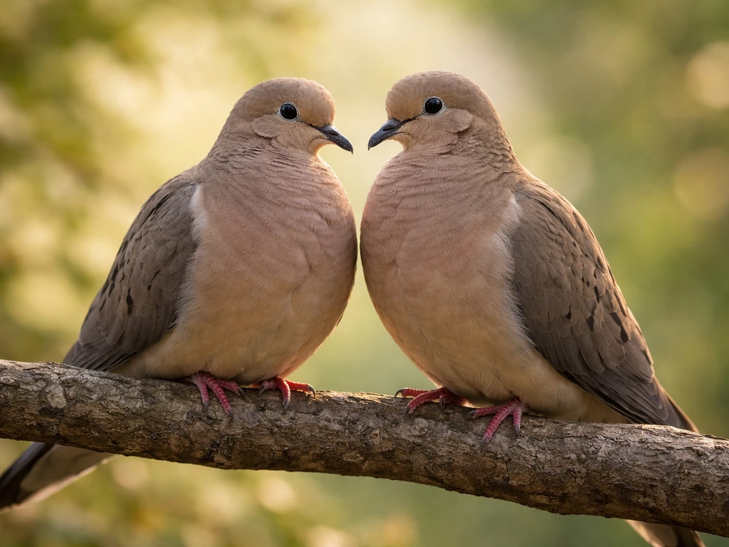 Two mourning doves perched side-by-side on a branch, soft light suggesting romance