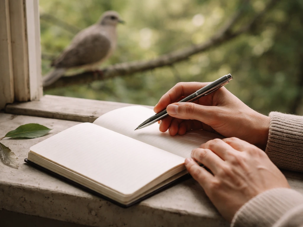 Hands with pen over an open notebook near a window, with a mourning dove blurred in the background.
