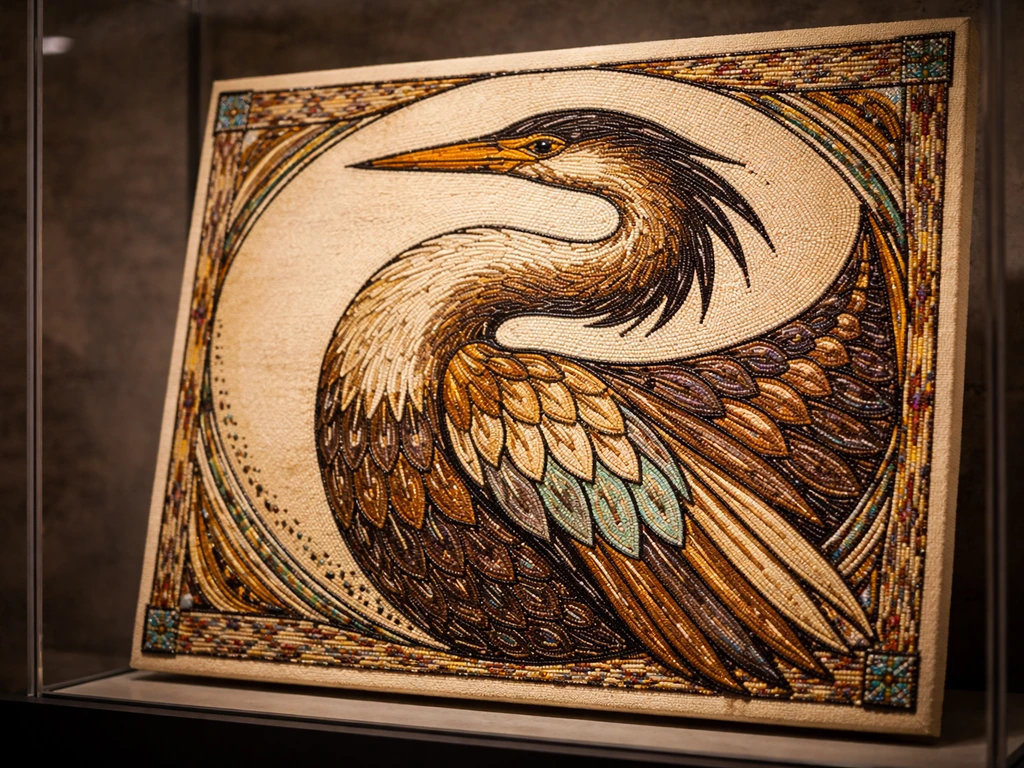 Museum close-up of a traditional peyote bird/anhinga motif artwork with warm, respectful lighting.