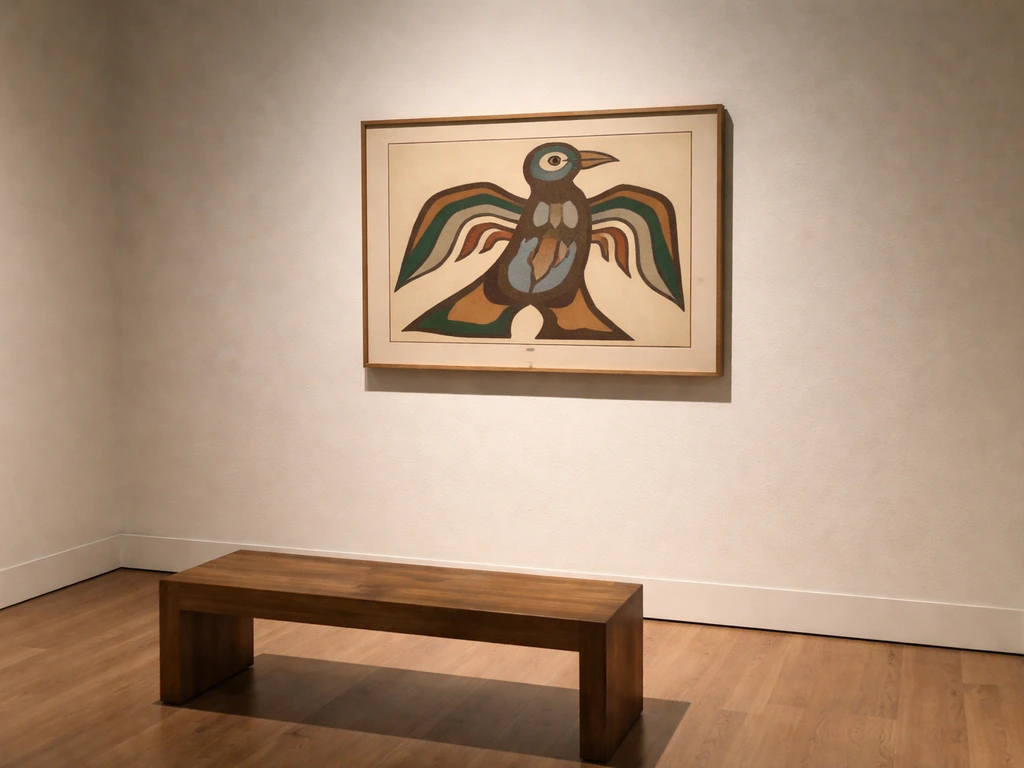 Museum photo of a framed vintage painting featuring an abstract bird-like motif on a plain wall.