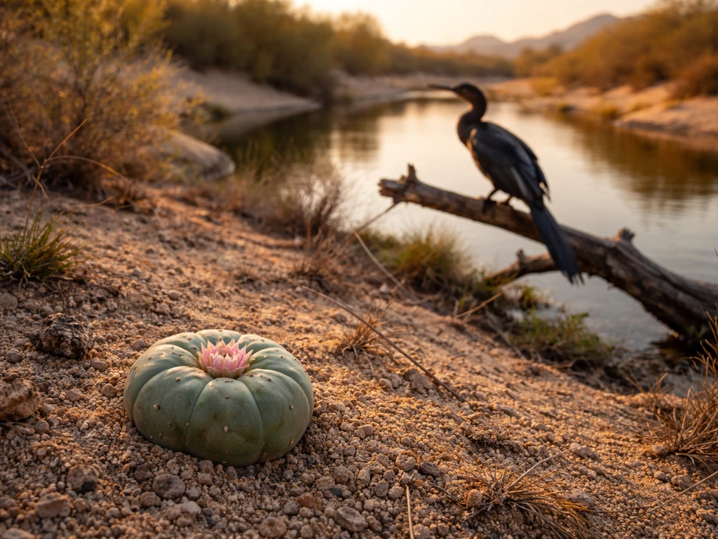 Peyote cactus in desert soil beside a quiet bird-watching water edge with dark anhinga-like bird