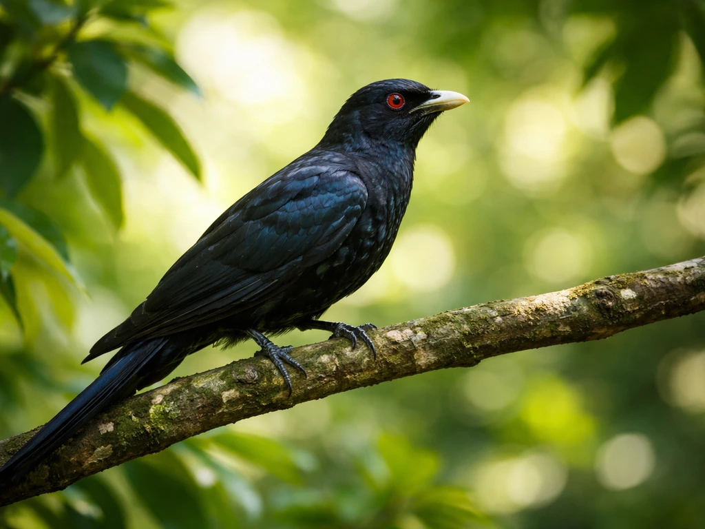 Glossy blue-black Asian koel perched in a tropical tree, with a striking red eye and dappled light.