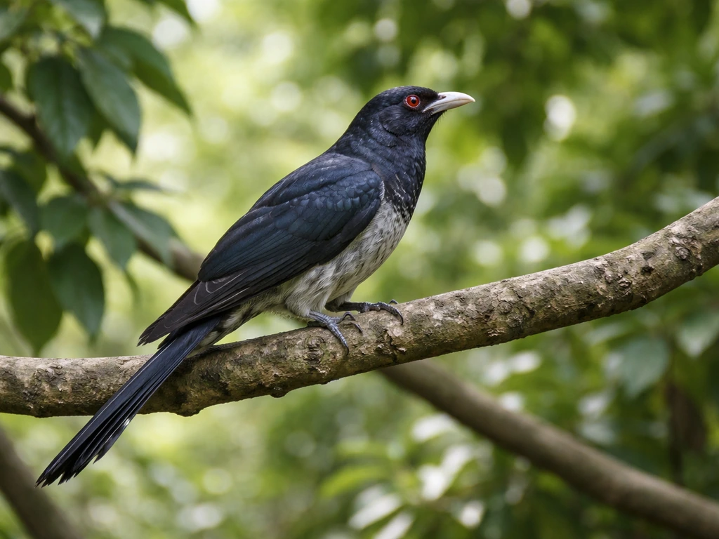 Asian koel perched on a tree branch in a tropical forest canopy, showing plumage and size cues.