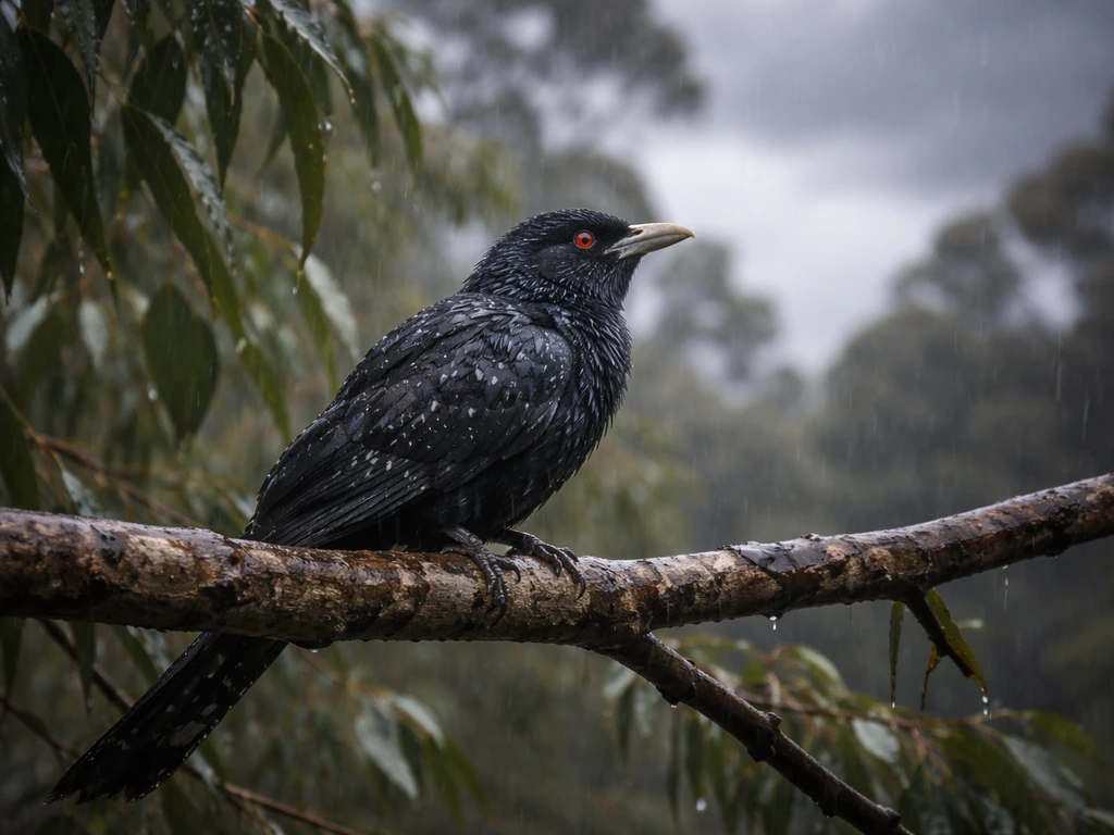 Koel-like bird perched in an Australian backyard during rain, with stormy sky suggesting “rainbird” and “stormbird.”