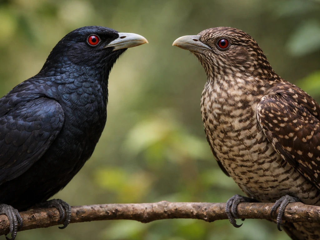 Side-by-side close-up of an adult male glossy blue-black koel with red eye and a female brown striped koel.