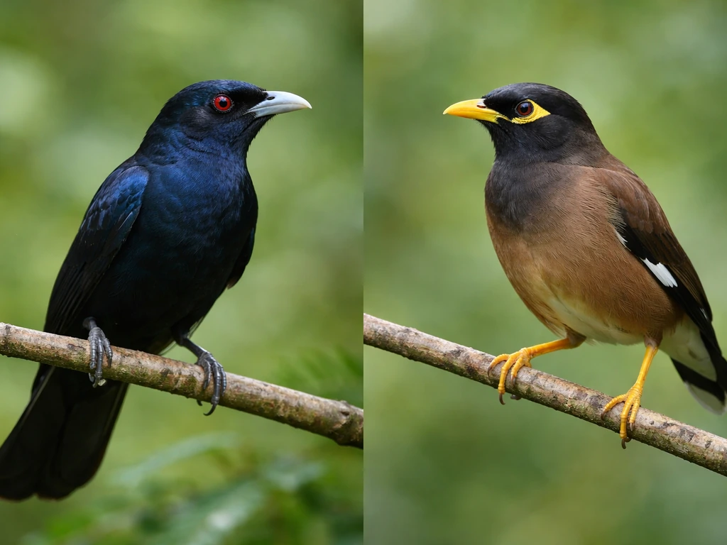 Two small birds perched side-by-side, koel-like and myna-like, with distinct plumage details visible.