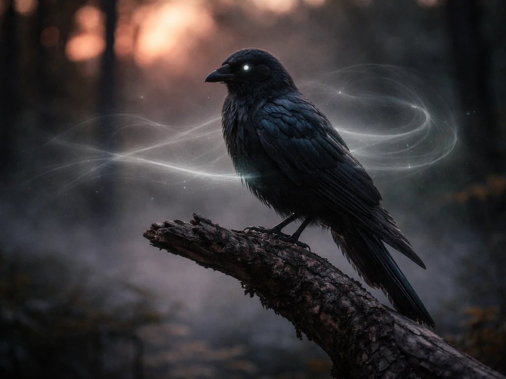 Enigmatic dusk bird on a branch with faint ripple-like soundwaves in the air.