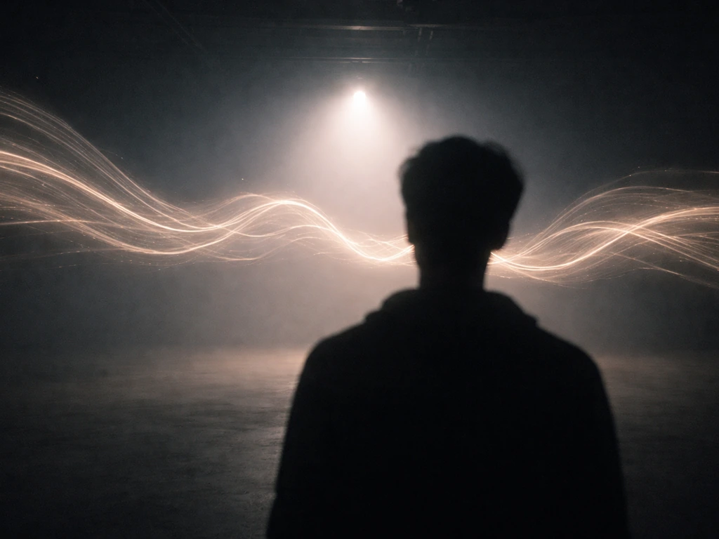 Minimal scene of musical soundwaves luring a shadow toward a soft spotlight in a dark room