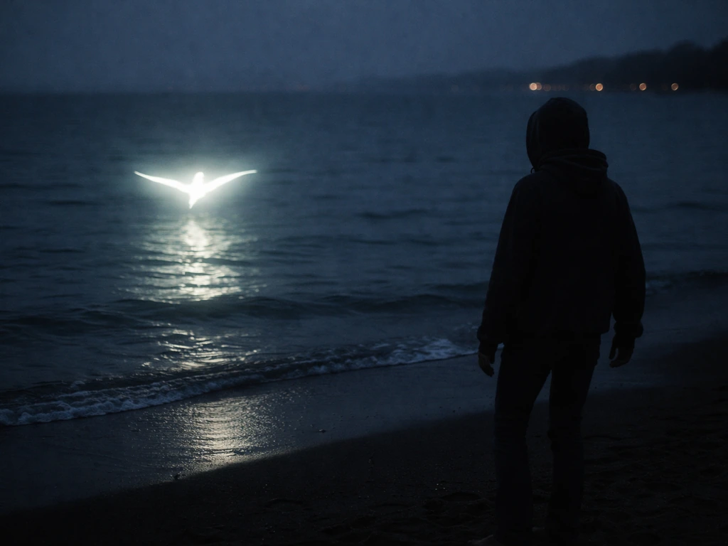 Wary person near shoreline watching a faintly glowing bird silhouette over the water at dusk