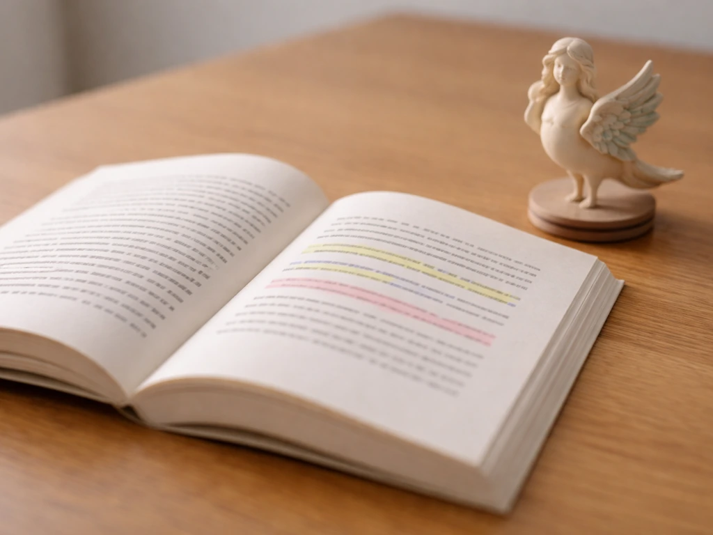Open book with a few highlighted lines beside a small fantasy bird-shaped tabletop prop