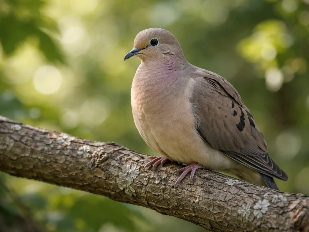 A mourning dove perched on a tree branch, crisp plumage in natural sunlight.