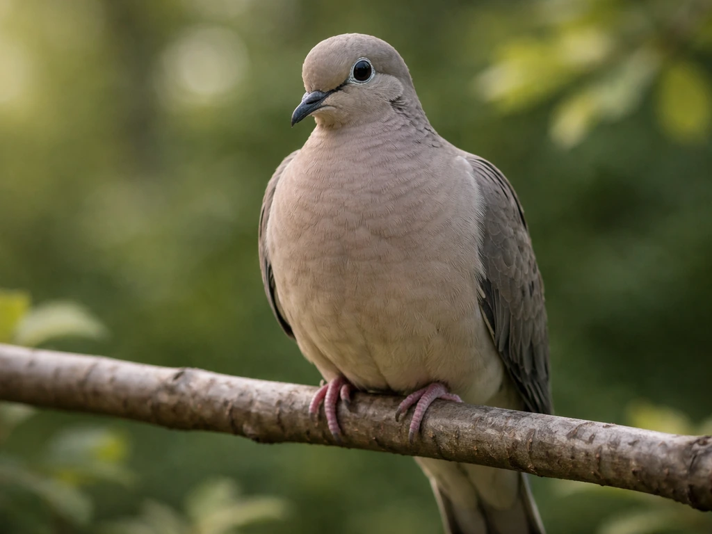 Close-up of a gray-brown dove perched, showing soft plumage and small head