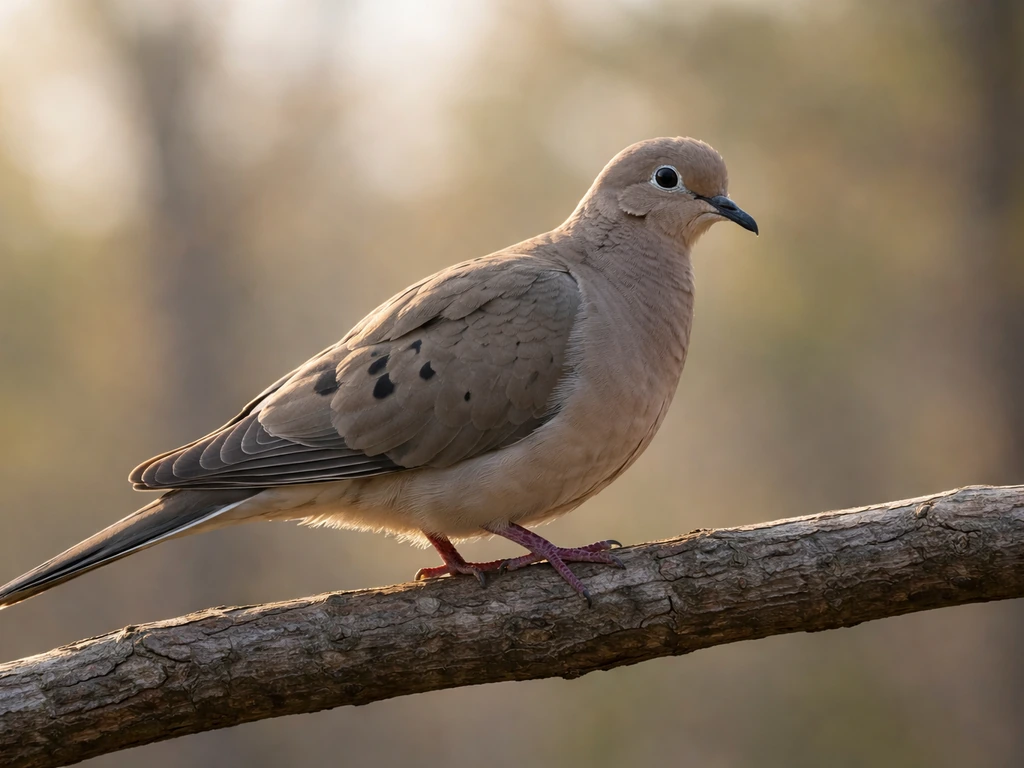 Close-up of a gray-brown mourning dove with black-spotted wing coverts perched, head slightly bobbing