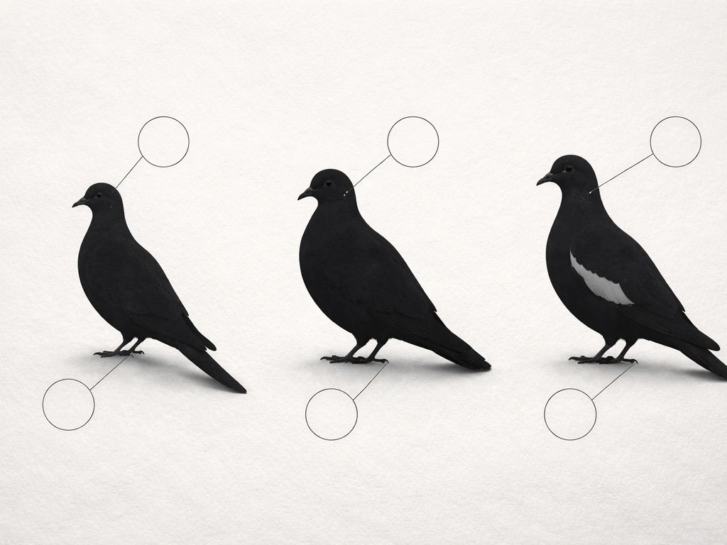 Three realistic dove/pigeon silhouettes with small feature callout circles for quick bird identification.