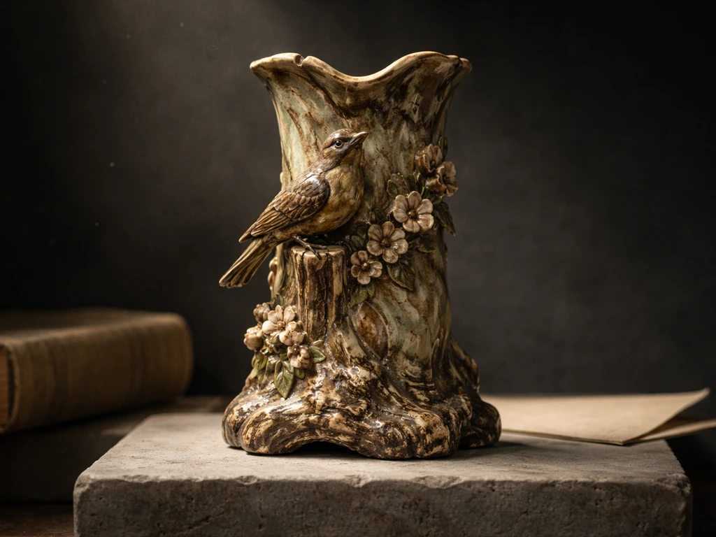 Victorian decorative pottery bird stump urn on a dark museum background, hinting at a phrase origin.