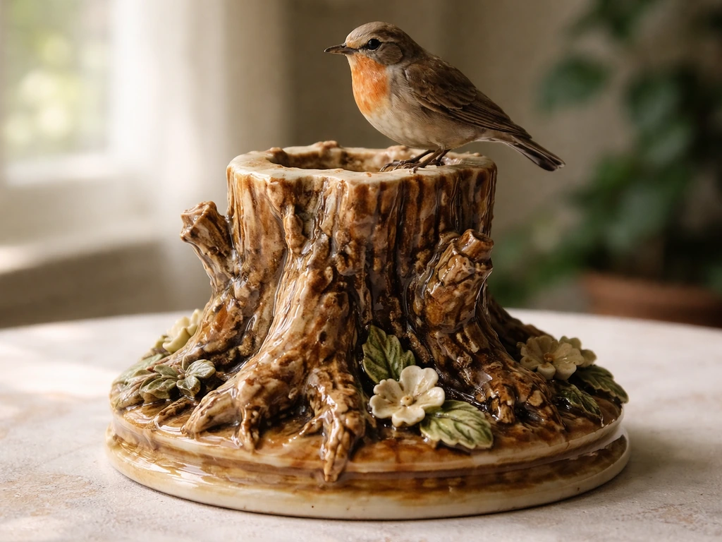 Close-up of a Victorian bird stump decorative pottery piece with a tree-stump base and realistic bird motif.
