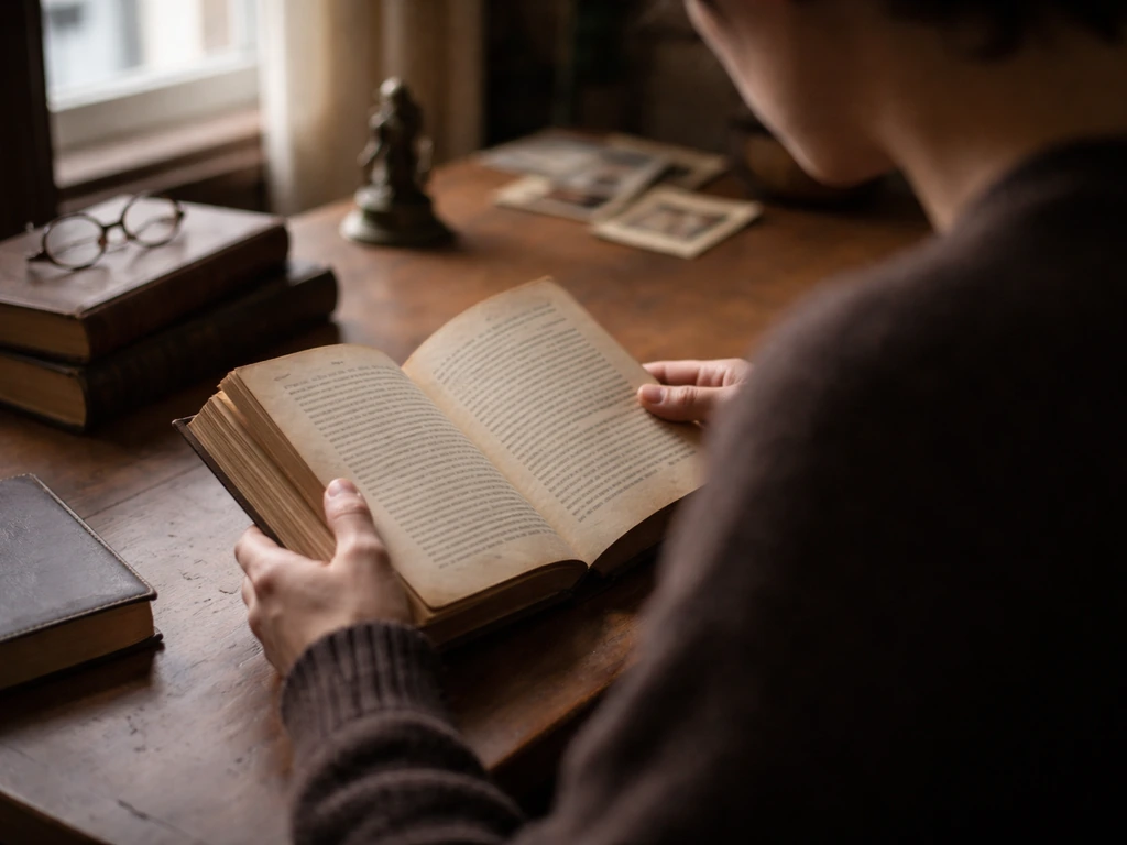 Cozy study scene with an anonymous reader and vintage books on a wooden desk, linked to sci-fi literary origins