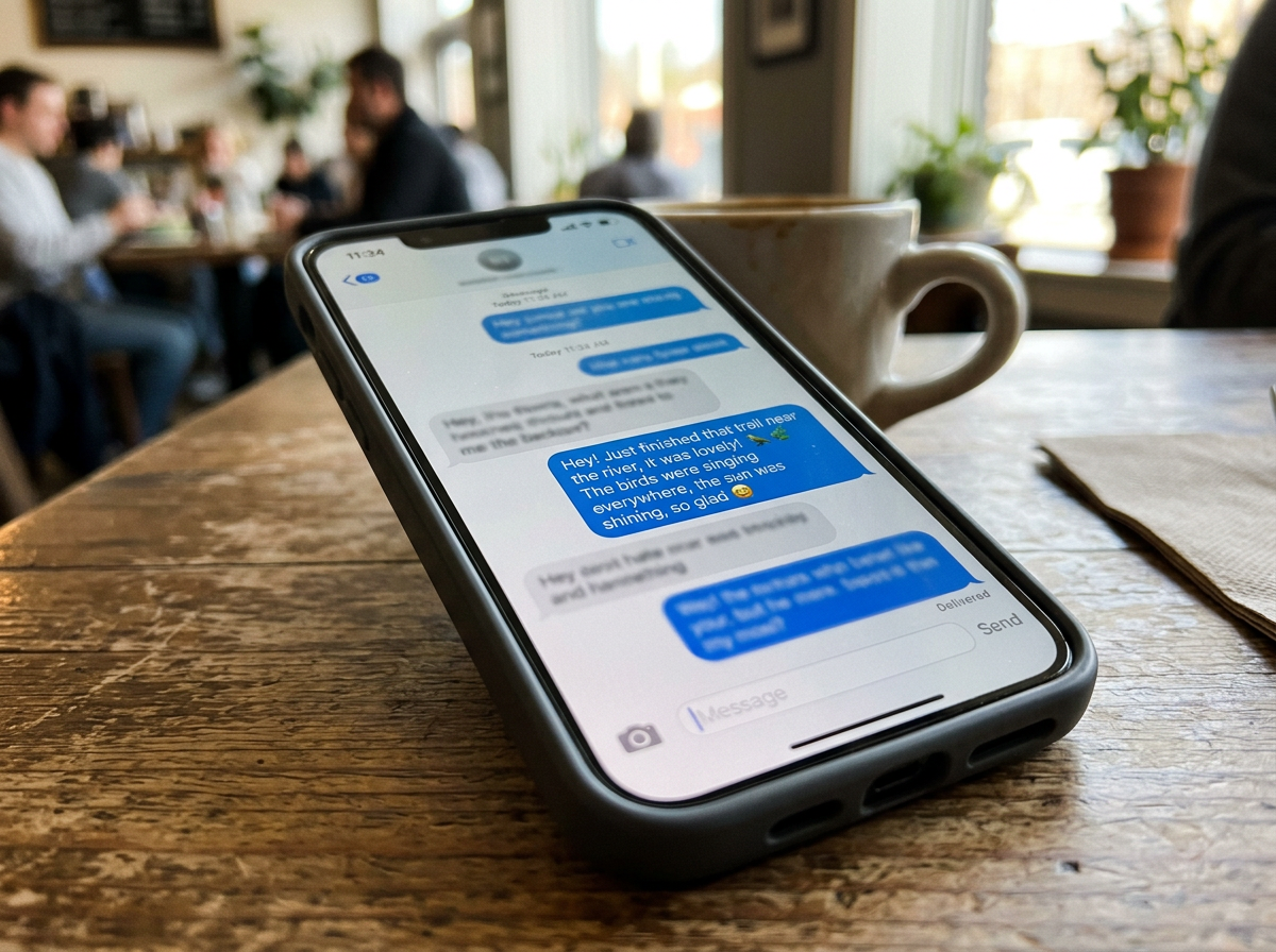 Phone chat showing bird and leaf emojis inside a message about being outdoors