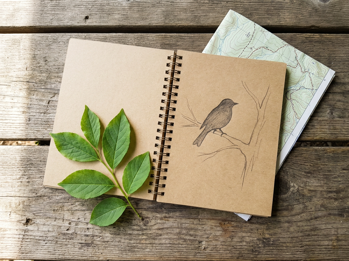 Outdoor flat-lay with birdwatching tools and fresh green leaves