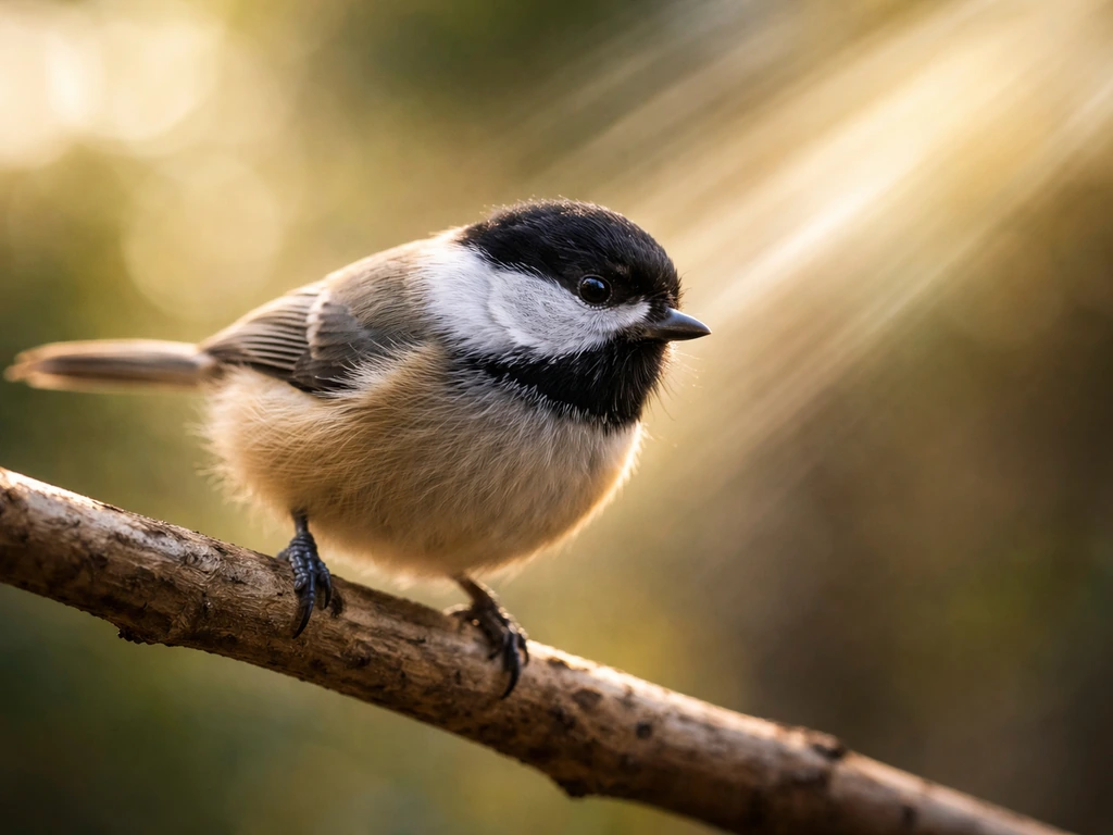 Close-up of a bird perched on a branch, shown as if being gently urged forward by light and motion.