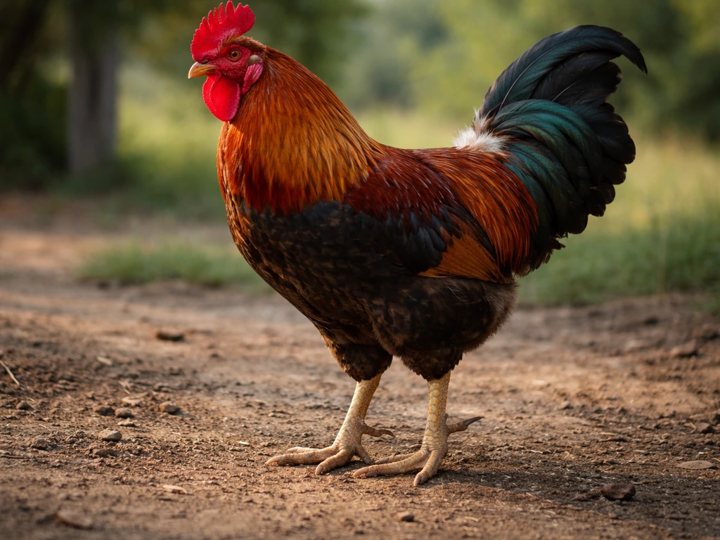 Common rooster with clearly visible curved spurs on its legs in a quiet outdoor yard.