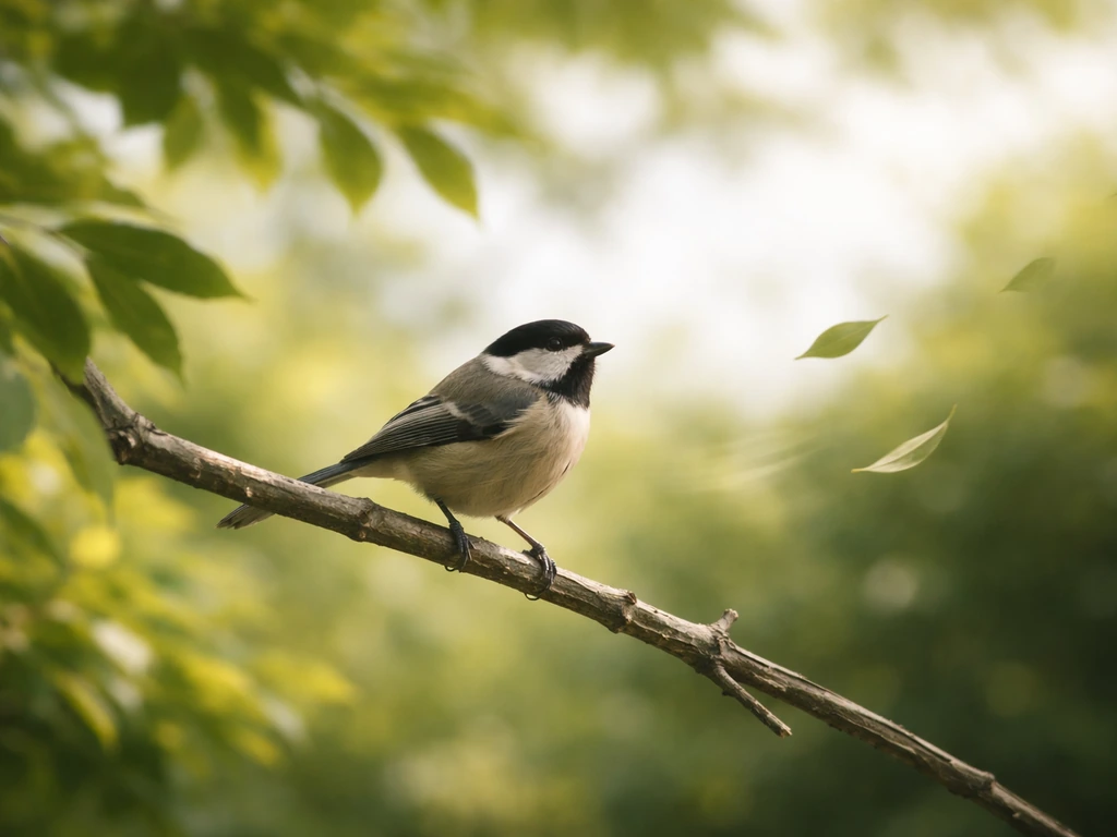 A small bird perched on a branch with a subtle wind-swaying motion suggesting a driving urge.