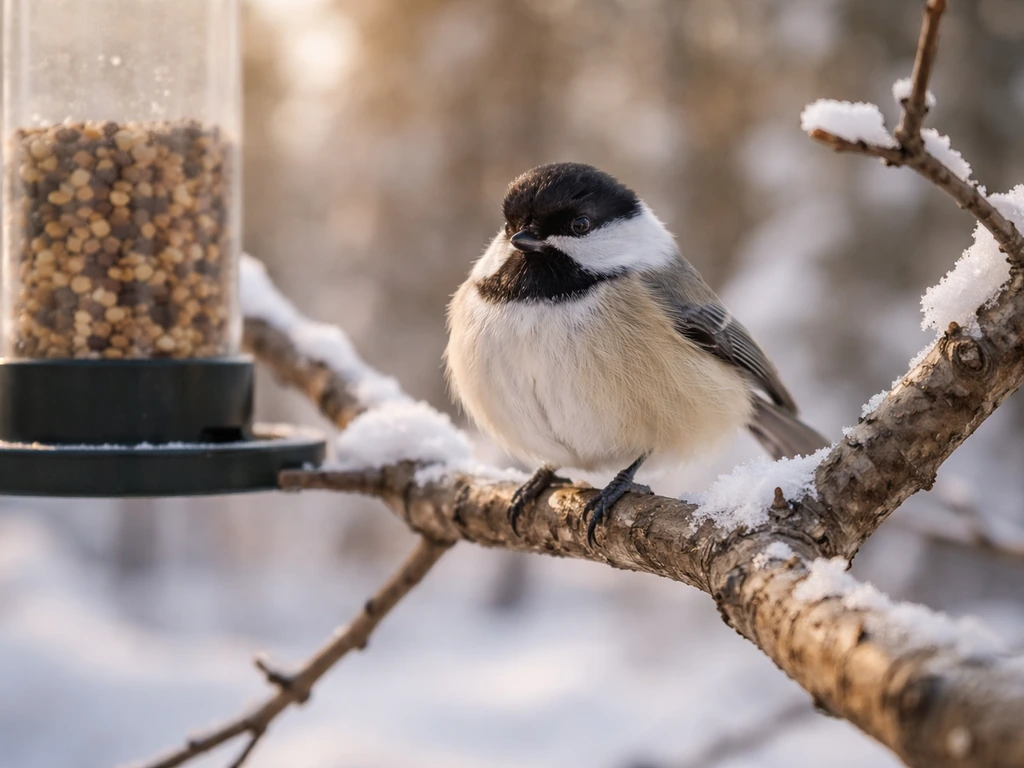 Vivid chickadee perched on a winter branch near a bird feeder with snowy bokeh background.