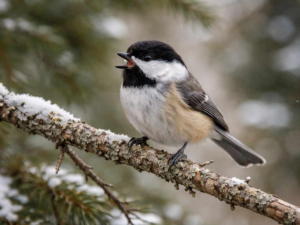 Black-capped chickadee foraging on a snowy branch, calling with a lifted head