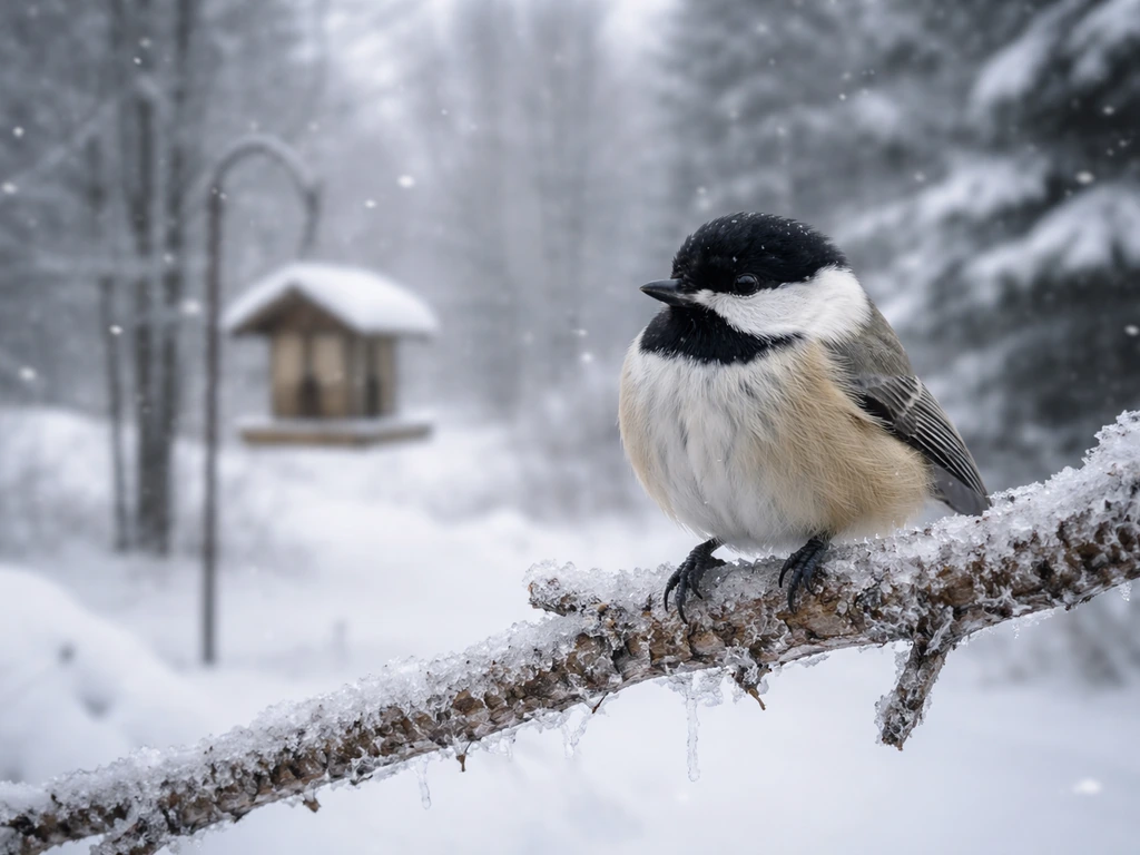 Black-capped chickadee perched on a frost-covered branch in snowy winter light