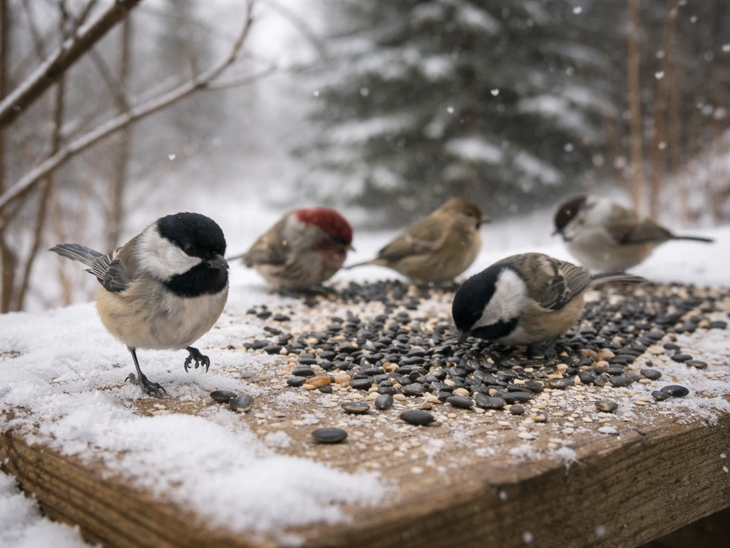 Chickadees and other small winter birds feed together on sunflower seeds on a snowy feeder.