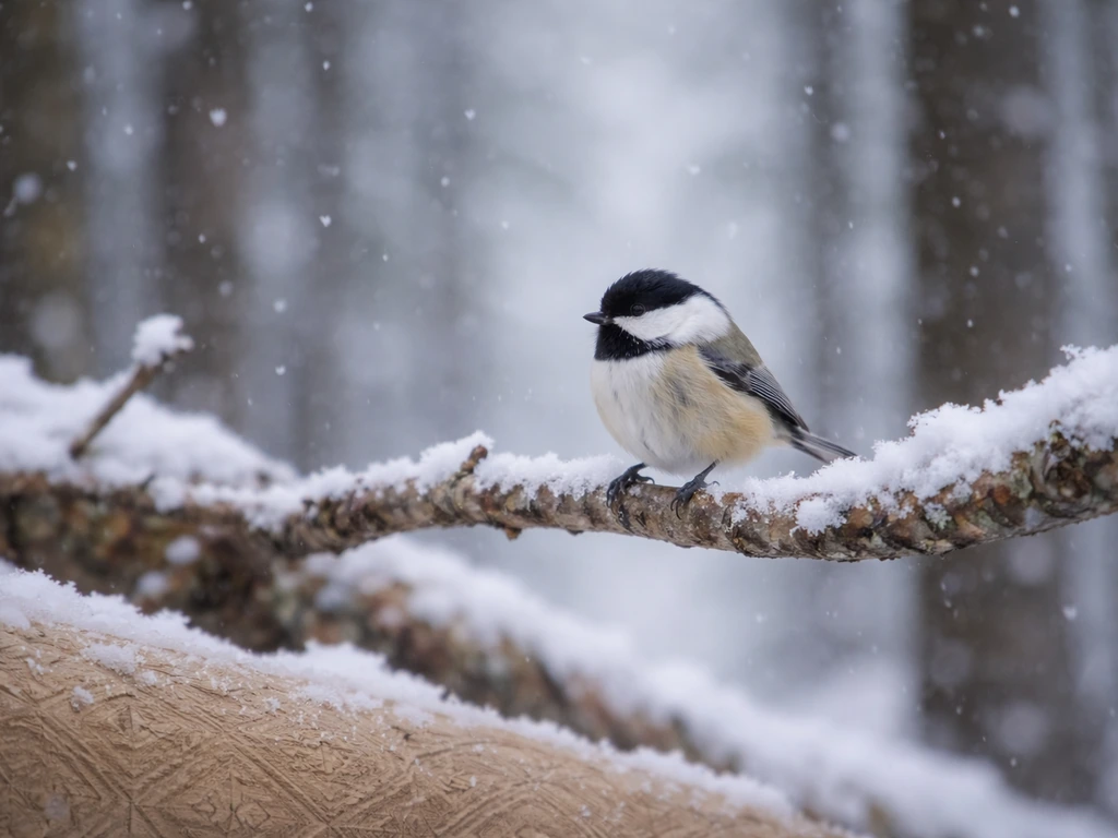 A small chickadee perched on snow-dusted branches in a quiet winter forest.